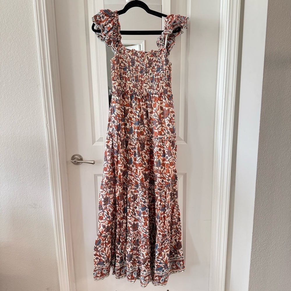 Love The Label Smocked Bust Tiered Maxi Dress in Mable Rust Turquoise Size M - Picture 4 of 5